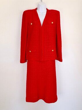 Vintage Castleberry Red Knit 2 Pc Skirt Suit Size 12 Gold Buttons Pencil Skirt